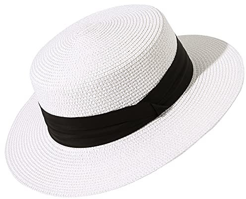 Lanzom Sun Hats for Women Wide Brim Straw Boater Hat Foldable Packable Beach Hat for Summer Fit Size 6 8/7-7 1/4, White, M/L