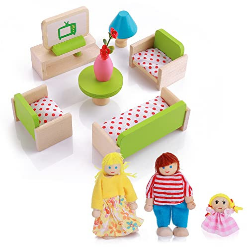 cobee Ensemble de 12 mini meubles miniatures en bois pour maison de poupée avec 3 figurines familiales, maison de poupée, accessoires de salon, décoration pour jeux de simulation