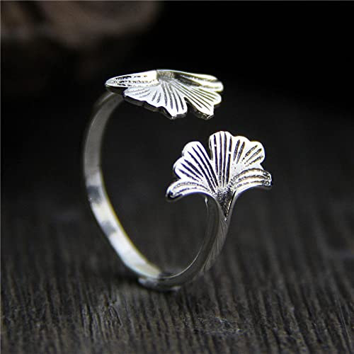 HGJH Ring Aus 925Er Sterlingsilber, S925 Sterling Silber Ginkgo Biloba Ring Verstellbare Ringe Retro Offener Ring Silber Daumenring Ewigkeitsring Hochzeitsanhänger Schmuck Geschenke Für Männer Mädche