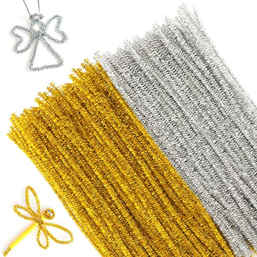 G2PLUS Glitzer Pfeifenreiniger 100 Stück Chenilledraht,6 MM * 30 cm, Ideal für DIY Craft Projekte, Weihnachtszierde Making - Gold und Silber