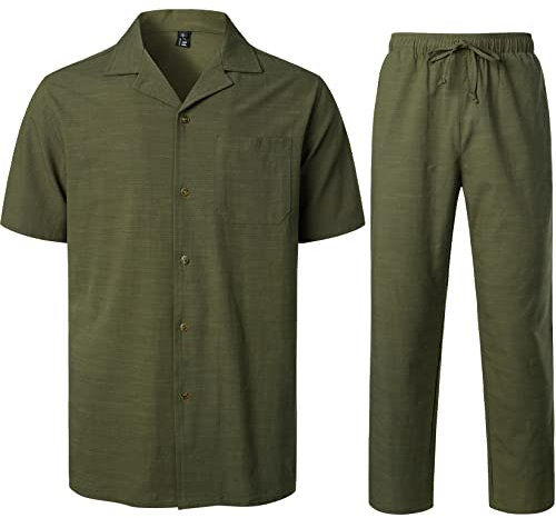 LucMatton 2-teiliges lässiges Leinen-Outfit für Herren, Sommer, kubanischer Kragen, Wanderanzüge für Strandurlaub, armee-grün, XL