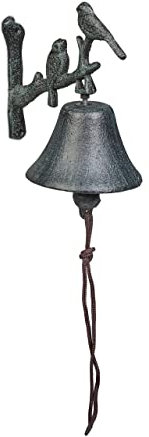 Relaxdays Türglocke Gusseisen Vögel, Gartenglocke, HxBxT: 20 x 10 x 13 cm, Kordel, Wandglocke, Vintage-Optik, dunkelgrün