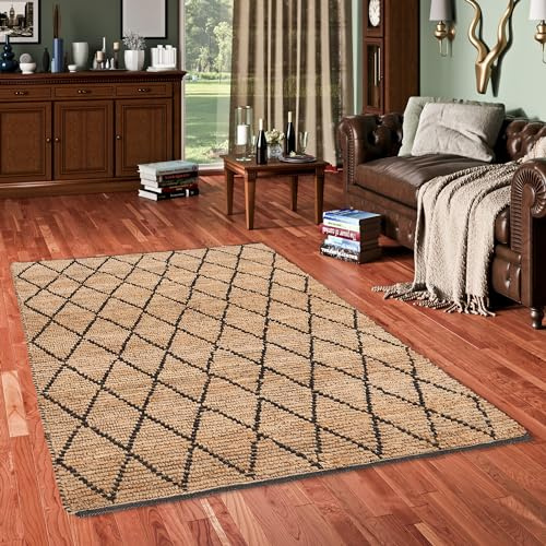 Pergamon Jute Teppich Salsa Beige Schwarz Rauten - Handgefertigt aus strapazierfähiger Naturfaser - Schlichtes Design - Verschiedene Größen und Formen verfügbar