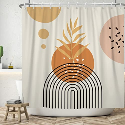 ASDCXZ Boho Duschvorhang 180x200 cm, Modern Abstrakt Kunst Gelb Blätter Orange Sonne Linie Beige Bad Waschbar Duschvorhänge Polyester Textil Wasserdicht Badevorhang für Badewanne mit 12 Haken