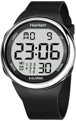 Hearkent Wasserdichte Uhr mit 8 Vibrationsalarmen, Medizin, Pillen-Erinnerung, Uhr für ältere Menschen, Senioren, LCD-Anzeige, große Zahlen mit Hintergrundbeleuchtung, Silber,