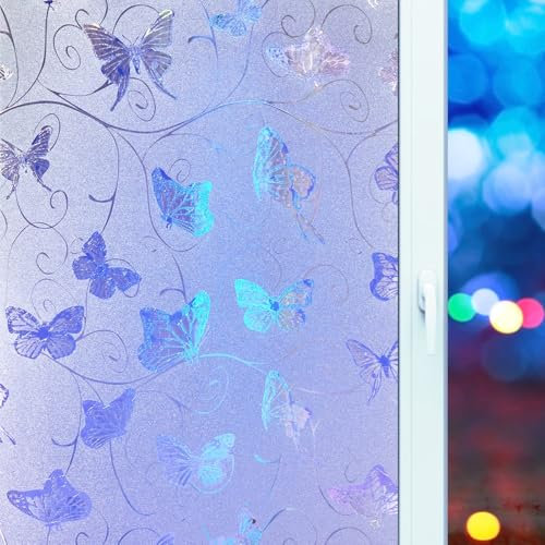 Lifetree Frosted Window Film Privacy: Butterfly Window Film Stripe Pattern Self-adhesive Static Cling No-Glue Anti-UV Decorative Glass Covering Film for Office Home Bathroom 44.5 * 200cm