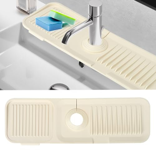 Silicone Sink Faucet Mat, Kitchen Sink Splash Guard, Silicone Draining Mat Around Tap for Sink, Flexible Kitchen Sink Guard Faucet Handle Drip Catcher Tray for Bathroom Countertop Caravan (White)