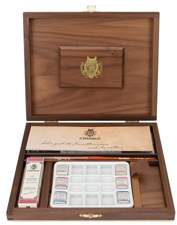 Schmincke – HORADAM® AQUARELL Luxus-Holzkasten der Retro Line mit 19 feinsten Aquarellfarben, 74650097, 18 x 1/2 Näpfchen + Cochenillerot in 5 ml, Porzellanpalette, Pinsel