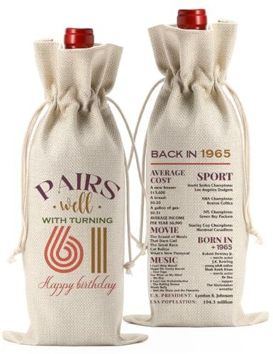 FBCCZEY Cadeaux amusants de 61e anniversaire pour femme et homme - Cadeaux d'anniversaire de 61 ans pour femme - Sac de vin - Fournitures de fête - Décorations pour elle et lui - Retour en 1965 - 2026