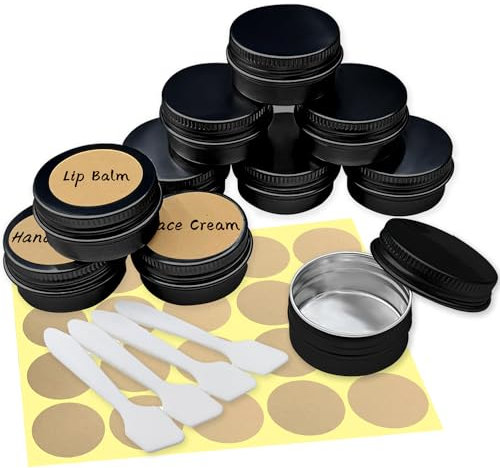 10 Pcs Aluminium Empty Containers, Round Travel Cream Jars 18ml Containers Pots with 20 Pcs Kraft Paper Stickers Small Empty Tins for Lip Balm, Lotion, Cream, Mini Candles, Cosmetics (Black)