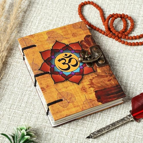 Purpledip Paper Vintage Diary Journal 'Om': Handmade Paper, Hard Bound, Unique Lock, Sustainable Eco Friendly Notepad, 7 * 5 Inches, 144 Unruled Pages (12735)