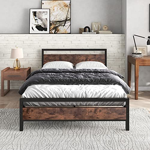 JELUTE Metal Platform Bed Frame Double Size with Wooden Headboard and Footboard Heavy Duty Steel Support, No Box Spring Needed, Easy Assembly, Black