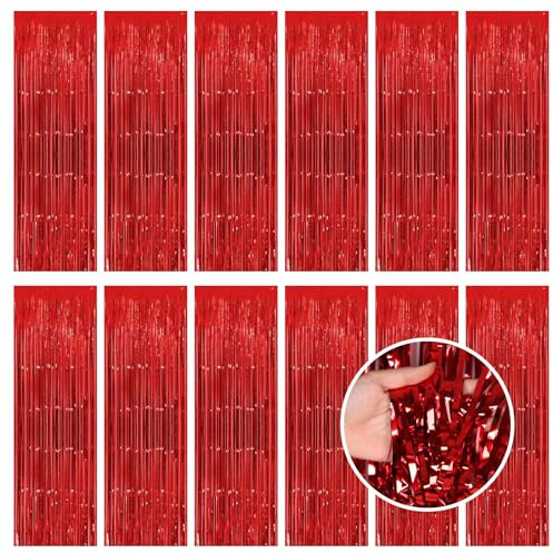 Lametta Vorhänge Hintergrund Rot, 12 Stück Glitzer Folie Fransen Luftschlangen Funkeln Vorhängen Dekoration Foto Hintergrund für Geburtstag Weihnachten Neujahr Hochzeit Disco Party, 1x2.5m