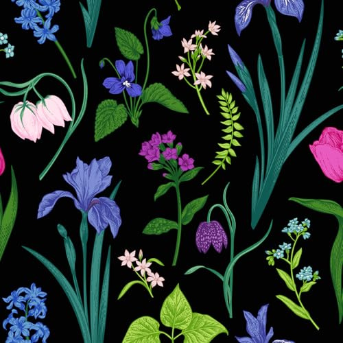 TULTOAP Papier peint autocollant Fleuri Noir Vintage Decoratif Adhesif pour Meuble Fleuri 40X600cm Armoires Murs Salon Chambre Papier Peint Autocollant (40 x 600 cm)