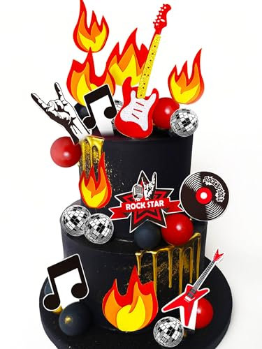 JeVenis Guitar Cake Topper Disco Ball Cake Decorations Music Note Rock Roll Cake Cupcake Decoration for Rock Star Musician Bass Guitar 80s Retro Themed Party Supplies
