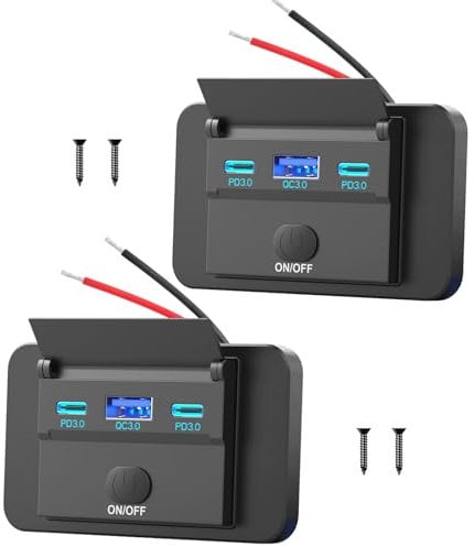 2er-Pack 12V USB Steckdose Aufputz Leichtgewicht Dualer U-S-B C 30W und QC3.0 18W Auto Anschluss, 12 Volt USB Zigarettenanzünder Ersatz-Ladegerät Panel mit Knopfschalter für Bus Schifffahrt Motorrad