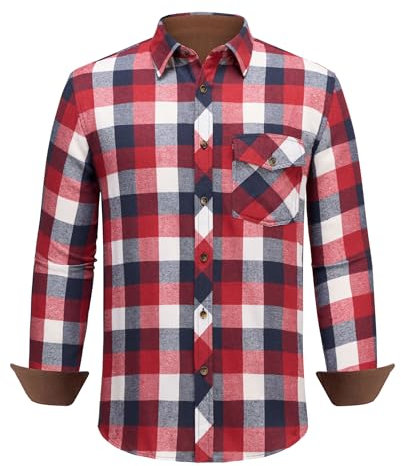 DEMEANOR Chemise en flanelle à manches longues pour homme - Chemise en flanelle à carreaux pour homme - Avec poche de poitrine, Blanc/gris/rouge, L