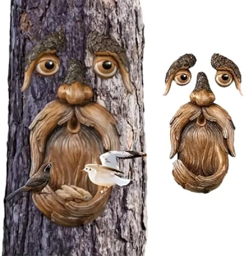 Comedero para pájaros con cara de árbol, resina sintética, figura de jardín de ancianos, árboles, caras, decoración para aves silvestres, estación de comida para pájaros para exteriores y canalones