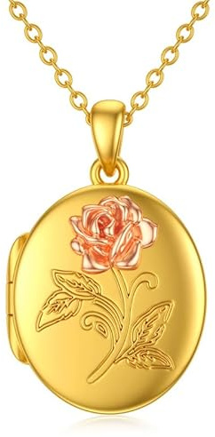 SOULMEET 9K 14K 18K Massivgold/plattiertes ovales Medaillon für mehrere Bilder, personalisierte ovale Medaillon-Halskette mit Sonnenblume/Sternenexplosion/Rosen-Motiv, Geschenk