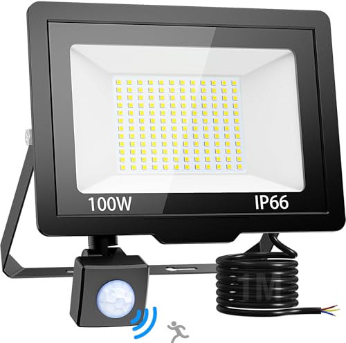 nipify LED Strahler mit Bewegungsmelder Außen, 100W LED Fluter Außen, Wasserdichte Außenstrahler Kaltweiß Scheinwerfer mit 100CM langen Kabel für Lager Garten Hotel Innenhöfe