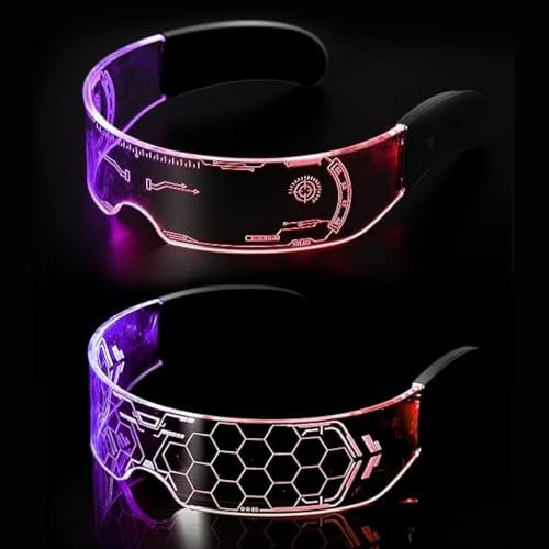 Yomaido Cyberpunk-Brillen, LED-Visierbrillen für futuristische Partys, 7 Farben, LED-beleuchtete Brille, leuchtende Neonbrillen für Festival, Bar, Club, Party, (Futuristisch und Waben), 2 Stück