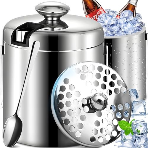 Retoo Eiskübel mit Deckel und Zange Eiswürfelbehälter Doppelwandig Edelstahl Wein-kühler 1,3 Liter Eiseimer für Eiswürfel Sektkühler mit Henkel 20 x 14,5 cm Silber
