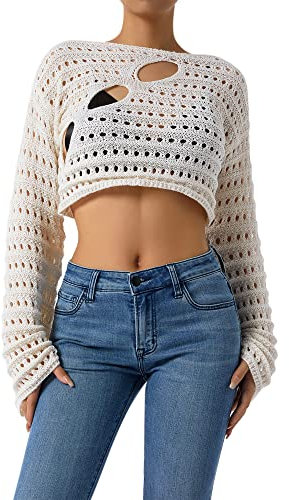 LYSINK Women Y2k Hollow Out Crochet Cover-Up Long Sleeve Solid Color Knit Crop Tops Fall Loose Pullover Sweater (A-a-Beige, M)