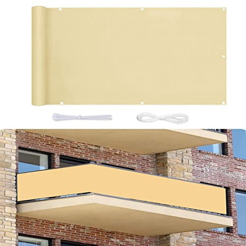 Brise-vue pour balcon en polyéthylène haute densité résistant aux intempéries avec corde et œillets en aluminium Crème 1,1 x 9 m