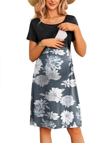Ekouaer Robe Femme Enceinte Robe Grossesse Col Rond Robes Maternité Elégante Chic Imprimé Sexy Confortable, Grisonnant, S