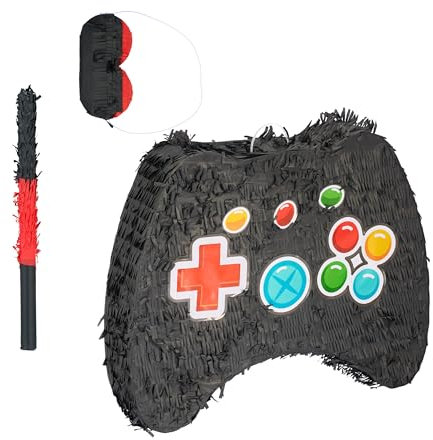 Relaxdays Pinata Set, 3-TLG, Controller, zum Aufhängen, Kinder, Mädchen und Jungs, mit Stab & Maske, unbefüllt, bunt