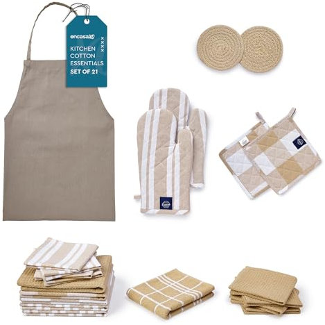 Encasa XO Kitchen Towels and Dishcloths Sets |21 Pcs Apartment Essentials Set | Oven Mitts and Pot Holders with Hanging Loop | Cooking Apron, Dish Cloth, Flour Sack and Coasters Beige Combo
