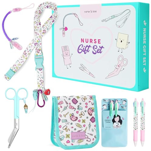 Nurse Is Love Regali Personalizzati Set 5 Pz. | Porta Badge da Collo + Forbici Infermiere + Tasca Infermieri Organizer + Porta Penne da Tasca con 2 Penne Personalizzate + Porta Forbici Retrattile