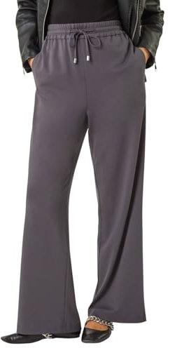 Roman Wide Leg Ponte Trousers for Women UK - Ladies Autumn Everyday Winter Holiday Elasticated Waist Comfy Drawstring Detail Soft Side Pockets Pants Office Desk Bottoms - Charcoal - Size 14