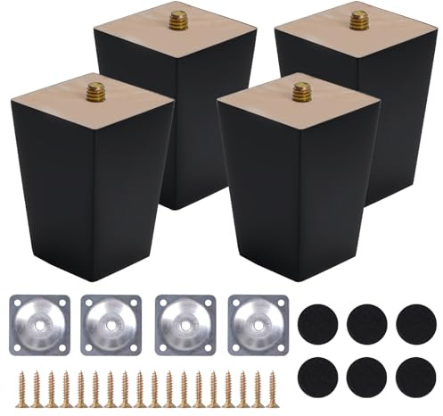 COEWUR 4 Pièces Pieds de Meuble Noir Bois 8cm Pieds de Lit avec Plaque de Montage Vis Patins en Feutre Carré Pieds Meuble Conique pour Canapé Armoire Lit Meuble TV Commode Fauteuil