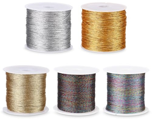 Zaxiva 5 Rotoli Set di Filo di Seta, 0.4 mm x 50 m Fili per Braccialetti, Gioielli Artigianato, Filo Dorato e Argentato, per La Collane, Bigiotteria Fai Da Te, Uncinetto(5 Colori)