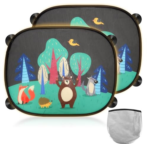2 Stück Sonnenschutz Auto Baby, 45x35.5cm UV-Schutz Sonnenblende mit 8 Saugnäpfen, Auto Sonnenschutz Baby mit Süßen Tier Motiven (Tiere und Bäume)