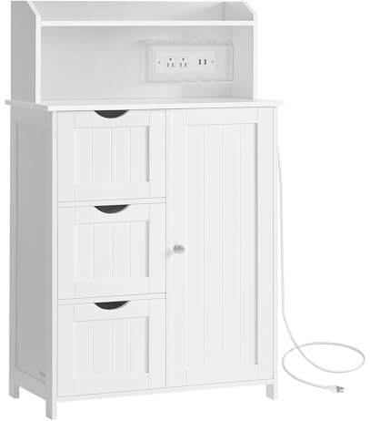 VASAGLE 39.4-Inch Tall Storage Cabinet with Power Strip, Floor Cabinet with Drawers and Door, 2 Adjustable Shelves, Freestanding, for Bathroom, Kitchen, Living Room, Cloud White UBBC775WH01S