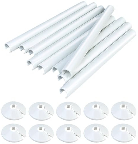 10pcs Radiator Pipe Covers 200mm x 15mm, 10pcs 15mm Pipe Collars Radiator Sleeves Snap On Radiator Caps (White)