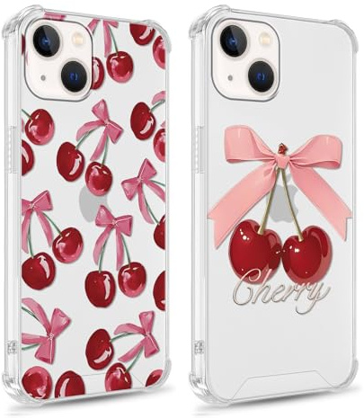 Foonary 2 Pack Transparent Cherry Bow Print Phone Case for iPhone 15 Plus 6.7,Soft Silicone with Cute Design Aesthetics Clear Pattern Cases,Shockproof Bumper Protector Cover Girls for iPhone 15 Plus