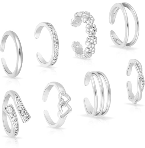 Mikovivi 8 Stk Zehenringe für Damen, Verstellbare Offene Zehenringe aus Kupfer in 8 Eleganten Stilen Fußschmuck Strandschmuck für Damen Sommeraccessoire