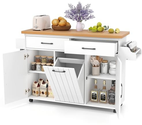 COSTWAY Kitchen Island with Trash Can Storage, Mobile Kitchen Cart with 2 Drawers, Spice Rack, Towel Rack, 2 Single-door Cabinets, Adjustable Shelves & 6 Wheels, Rolling Sideboard Unit, No Trash Can