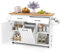 COSTWAY Kitchen Island with Trash Can Storage, Mobile Kitchen Cart with 2 Drawers, Spice Rack, Towel Rack, 2 Single-door Cabinets, Adjustable Shelves & 6 Wheels, Rolling Sideboard Unit, No Trash Can