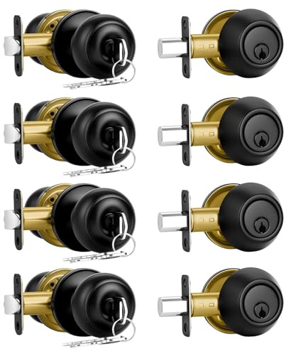 Plustool 4 Pack Front Door Lock Set,Matte Black Exterior Door Lock Set with Deadbolt,Single Cylinder Deadbolt Lock and Door Knob Set,Keyed Alike Door Knob with Lock&Keys,Round Ball Entry Door Lockset