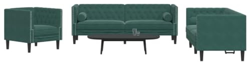 YITHOPI 3-TLG. Chesterfield-Sofa-Set mit Nackenrollen Dunkelgrün Samt Schlafzimmersofas Wohnzimmersofa für Büro