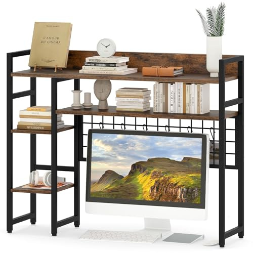 SFAREST Computer Desktop Bookshelf, 4-Tier Wooden Hutch Bookcase with 4 Shelves & 6 Movable Hooks, Multipurpose Desk Storage Organizer and Display Shelf Rack for Home Office Dorm (Rustic Brown)