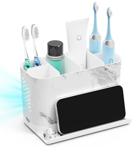 toprance Electric Toothbrush Holder with Adjustable Dividers, White Marble Effect Tooth Brush Holder for Bathroom Countertop, 6 Slots Toothbrush Caddy with Front Ledge and Drain Tray for Family, Kids