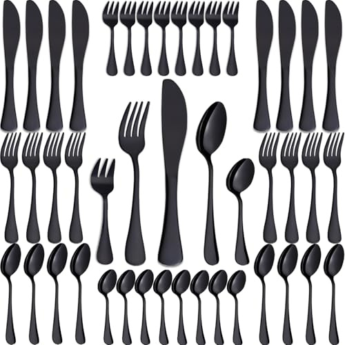 Joeczo 40-teiliges Besteckset Schwarz, Besteck Set 8 Personen | 8 Gabeln, 8 Messer, 8 Esslöffel, 8 Teelöffel, 8 Kuchengabeln，Edelstahl-Besteck Set