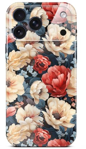 ONEFLOW Flower Cover für iPhone 17 Pro/18 Pro Hülle in Floral Optik, Blumen Designer Case Handy Schutzhülle mit Kameraschutz, Hardcase dünne Handyhülle Blumenmuster, Weiß Rot
