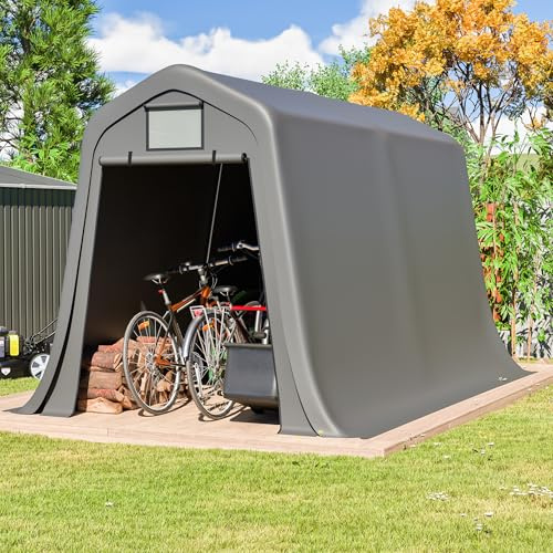 LLGWGL Gartenhaus Fahrradgarage Gerätehaus Geräteschuppen - Großzügiger Stauraum für Motorräder 3 Fahrräder oder Gartengeräte Spitzdach Wasserdichtes PE mit Rolltor Stahlkonstruktion,366x213x225cm
