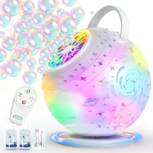 Tecnock Machine à Bulles Rechargeable avec Télécommande, Rotation 90°/360°, 20000+ Bulles/Min, LED 7 Couleurs, Batterie 1200 mAh, USB-C, 45 Min d’Autonomie, Réservoir 420 ML, Enfants, Mariage